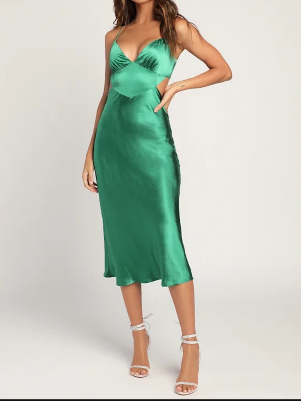 Lulu’s Intoxicating Aura Green Satin Sleeveless Slip Midi Dress